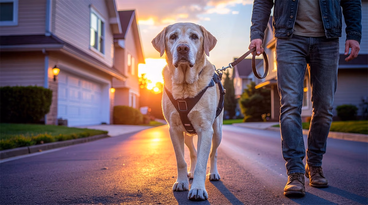 Dog walking down the street on a harness after laryngeal paralysis surgery