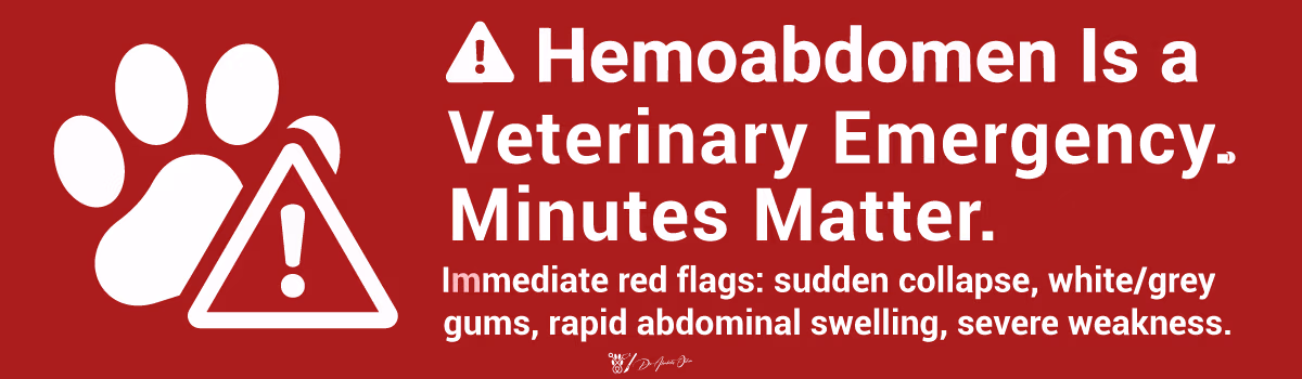 Emergency alert banner listing four red-flag signs of hemoabdomen in dogs: collapse, pale gums, abdominal swelling, severe weakness