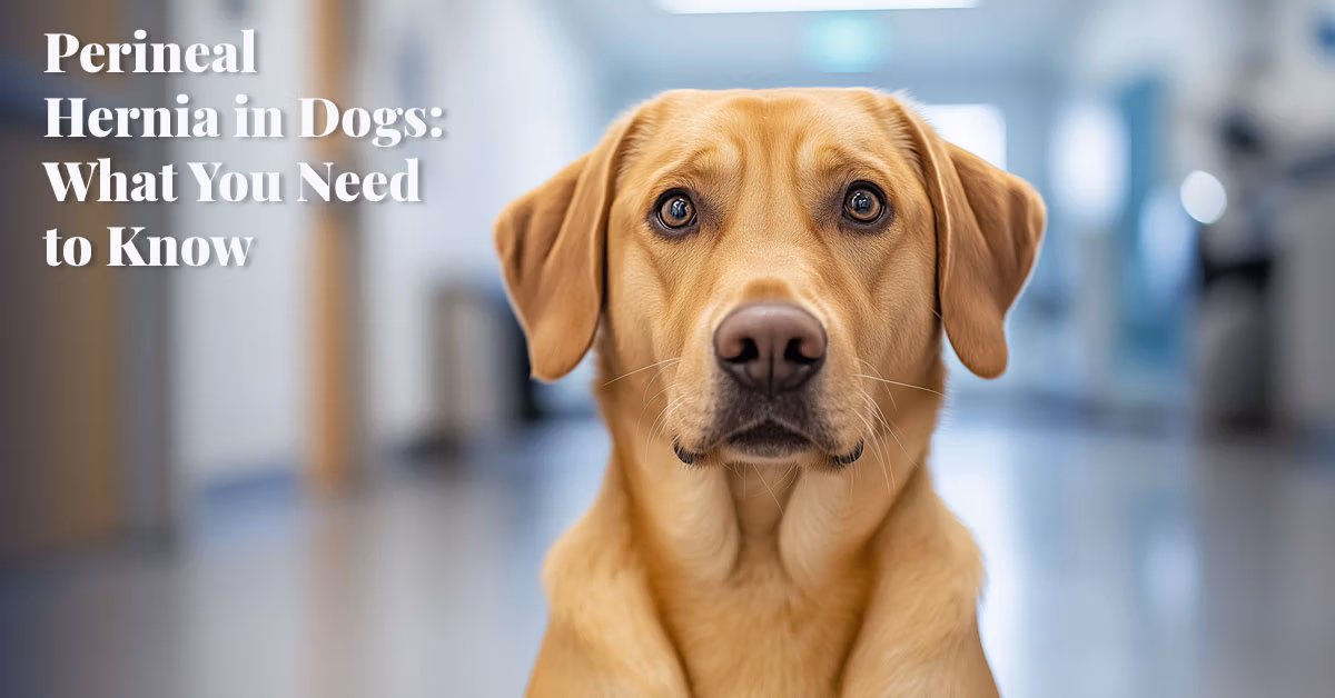 A dog sitting in a veterinary clinic, illustrating perineal hernia in dogs.